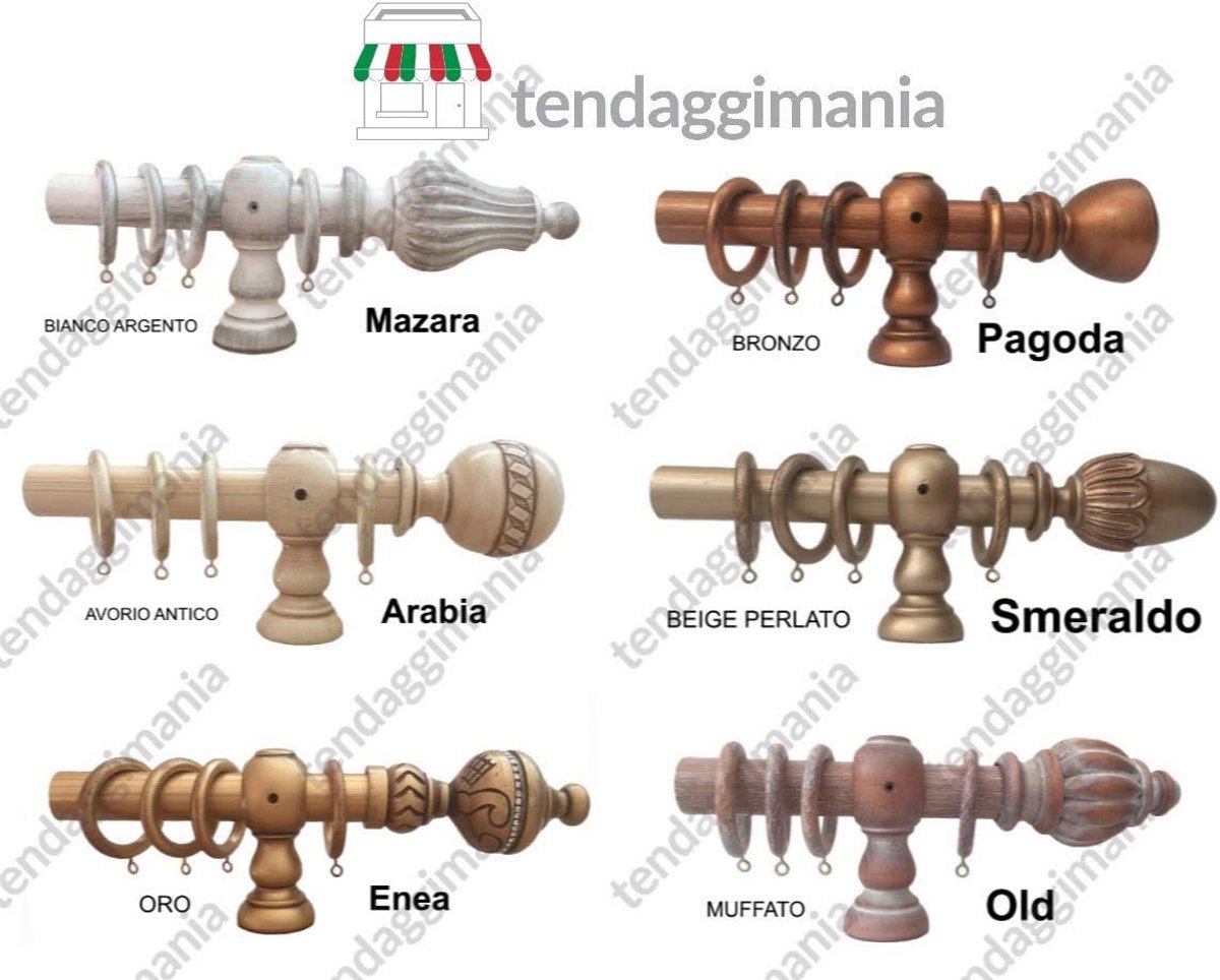 Gordijnroede van echt Italiaans hout - Personaliseerbaar, Diameter 35 mm, Handmatige beweging met ringen, Goud, 240 cm