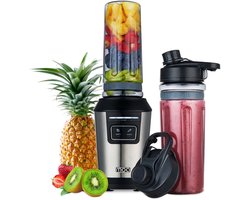 MOA Smoothie Blender To Go – Smoothie Maker met 2 Smoothie Bekers – 600ml – Mini Blender To Go – BPA-vrij – 800W – RVS – Zilver