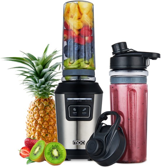 MOA Blender To Go - BPA- en PFAS-vrij - Smoothie Maker met 2 Tritan Bekers van 600ml - Mini Blender - 800W - RVS - Zilver