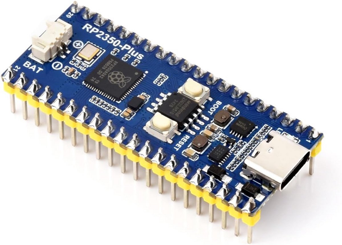 Waveshare RP2350-Plus ontwikkelbord met dual-core microcontroller en voorgelaste header