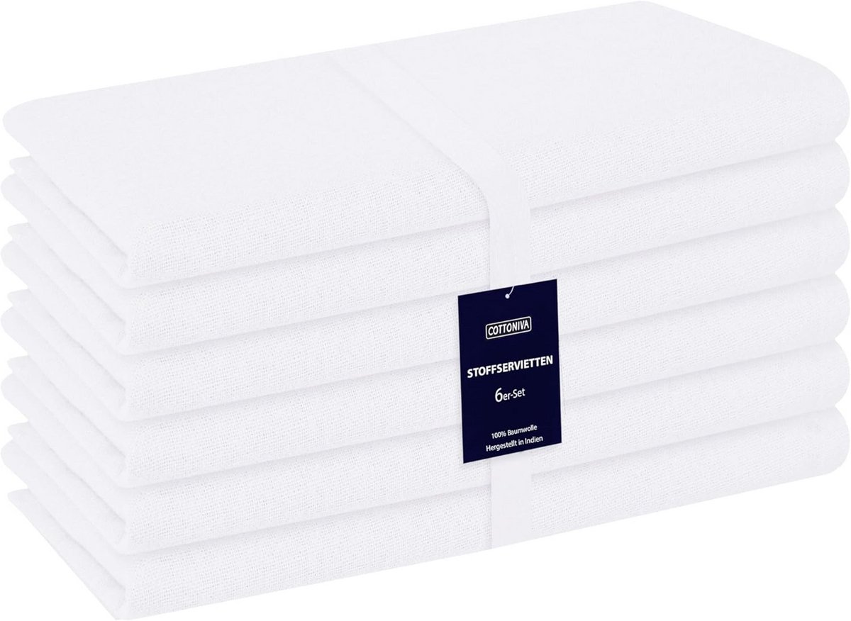 Set van 6 Witte Katoenen Servetten, 43x43 cm, Duurzame Hotelkwaliteit