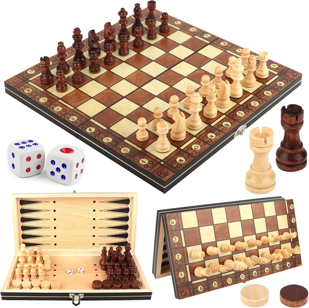 Magnetisch houten schaakspel 3-in-1, opvouwbaar schaakbord 29 cm
