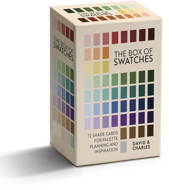 De voorkant van de doos 'The Box of Swatches' toont een grid met 72 kleurstalen, verdeeld over twee zijden. De tekst 'The Box of Swatches' en 'David & Charles' is zichtbaar.