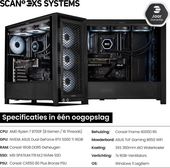 Scan 3XS Systems Revenge – Powered by ASUS – Stage 3 Gaming PC – Corsair FRAME 4000D - RTX 5060 Ti 16GB – Ryzen 7 8700F – Corsair DDR5 16GB – 1TB SSD – 1440p High-FPS Gaming