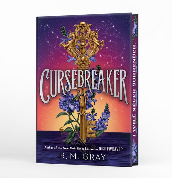 Boek kaft met de titel "CURSEBREAKER" in sierlijke letters, met een gouden antieke sleutel met schedelmotief en blauwe bloemen, tegen een nachtelijke hemel met sterrenbeelden.