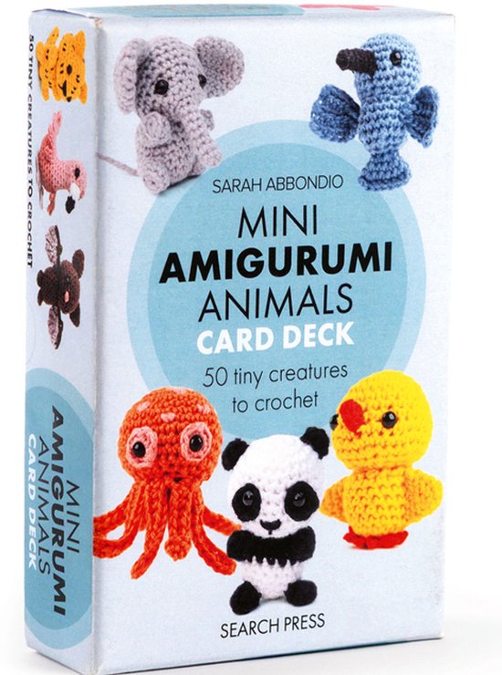 Boek kaarten met gehaakte dieren: octopus, panda, eend, olifant, vogel en vos.