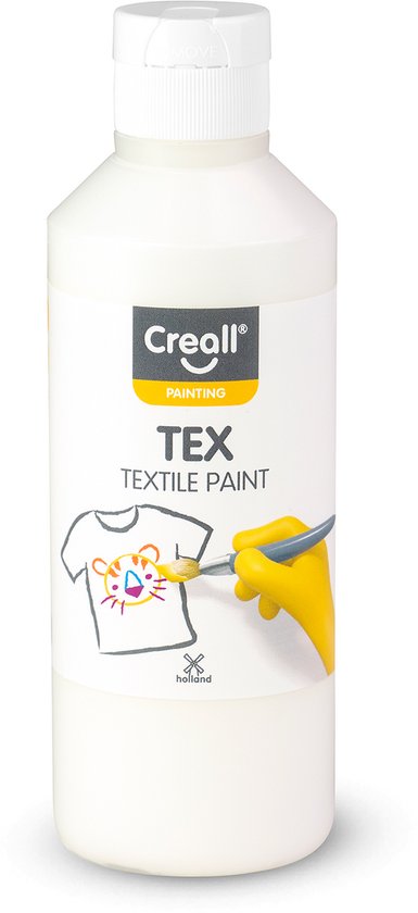 Bouteille de peinture textile Creall Tex blanche avec une image d'un t-shirt et d'un gant jaune.