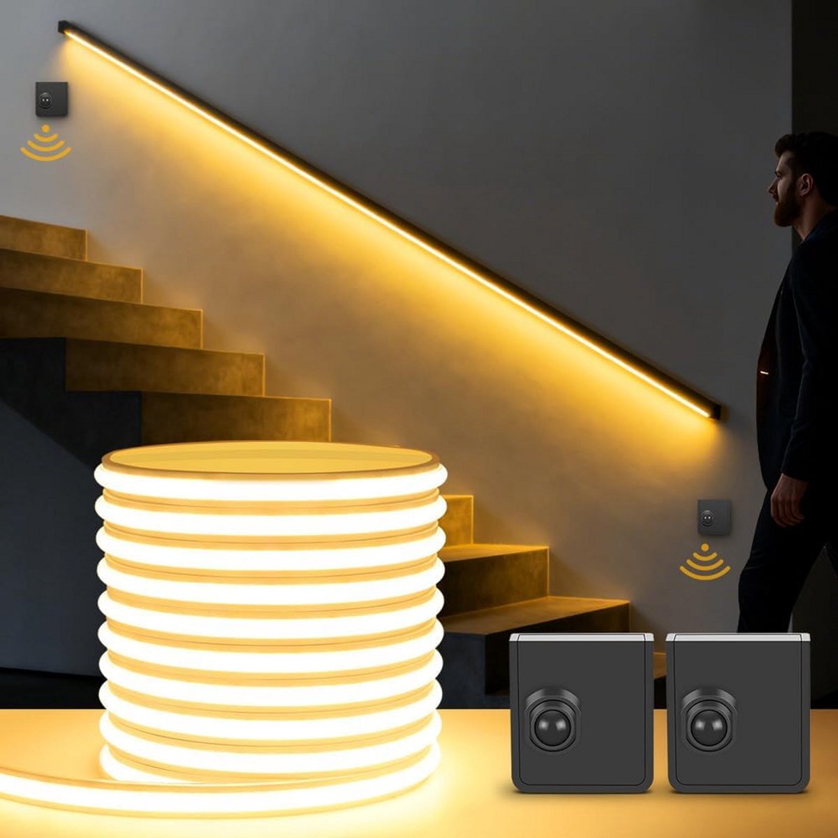 LED Strip met Bewegingssensor 5 Meter – 24V 280 LEDs/m – Warm Wit – 3000K – Zelfklevend – Automatisch Aan/Uit – Voor Kasten, Trappen, Gangen