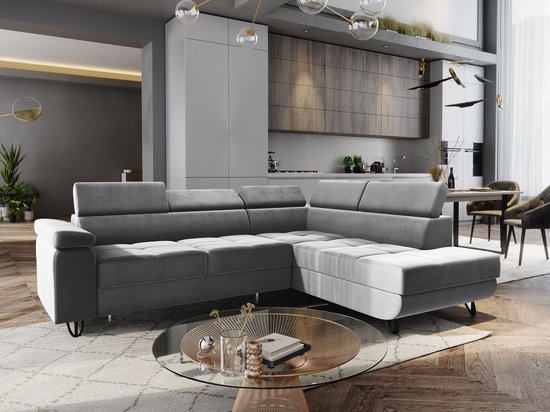 Hoekbank Junior Rechts - Hoeksalon met slaapfunctie en opbergruimte - Hoekzetel met bed Grijs structuurstof