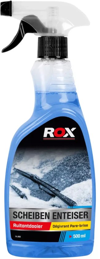 Blauwe spuitfles ROX ruitenontdooier met zwarte spuitkop, 500 ml. Label met ijs op een autoruit en de tekst 'SCHEIBEN ENTEISER'.
