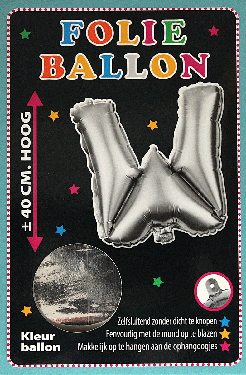 Folieballon - W - Letter Zilver - 40cm - Folie - Ballon - Zelfsluitend - Eenvoudig Met Mond Opblazen - Ophangoogjes - Touche Cards