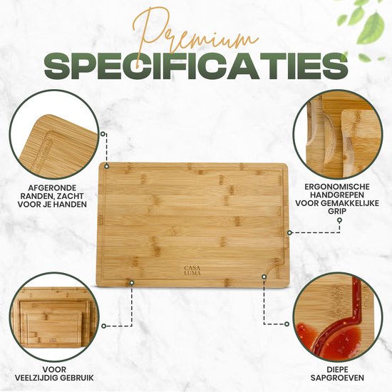 CASA LUMA Ensemble de Planches à Découper en Bambou 3 Pièces - Bambou Biologique Premium - Avec Gouttière à Jus - Durable - Planche à Tapas - Planche à Servir - Planche à Découper en Bois