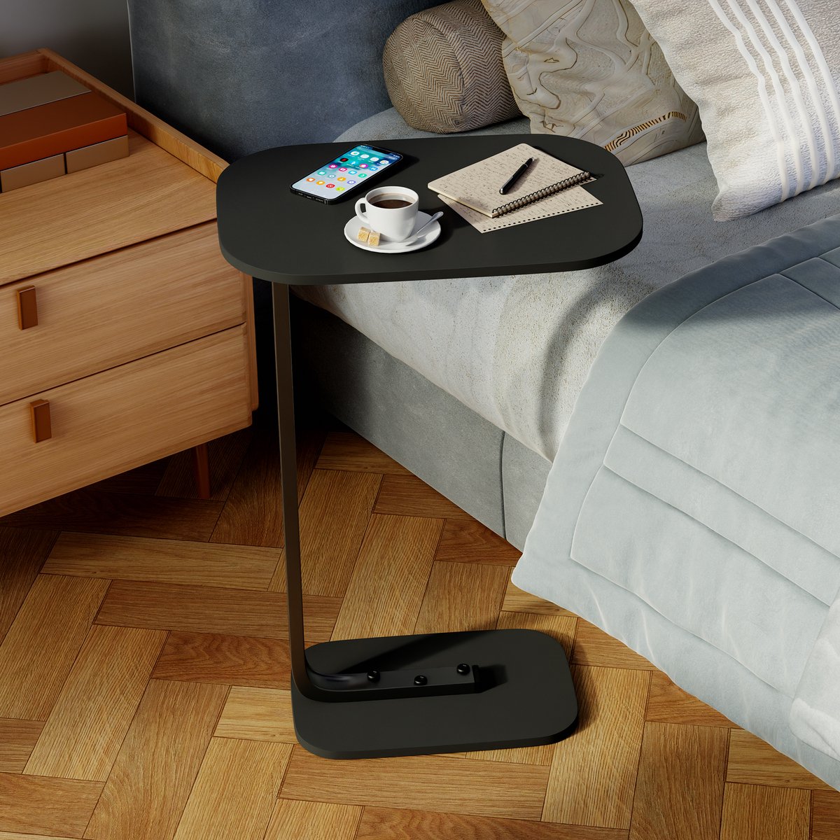 OKWISH Bijzettafels – Moderne Bijzettafel Met Stevig Metaalframe -Sidetable Voor Woonkamer En Slaapkamer - Hout + Metaal – Zwart (Ovaal)