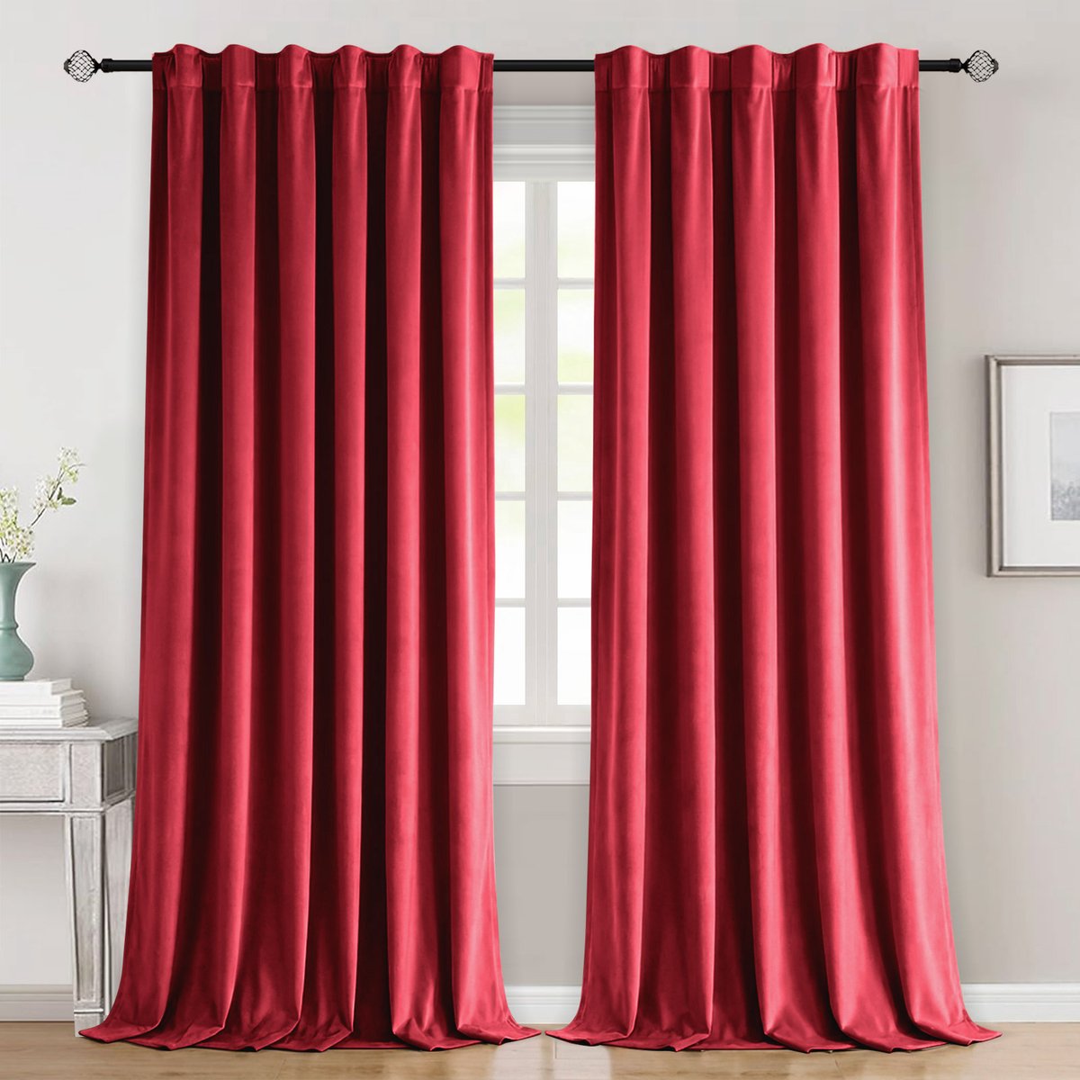 Qelus 2 Stuks Luxe Gevoerde Velours Gordijnen - 260gsm - Verduisterend & Isolerend - Multifunctionele Plooiband - Met Grijze Achterzijde - voor Slaapkamer en Woonkamer - 132x274cm - Rood