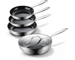 BE Living RVS Pannenset 4-delig - Ø 20, 24 & 28 cm Koekenpannenset + Ø 28 cm Wokpan met Deksel -…