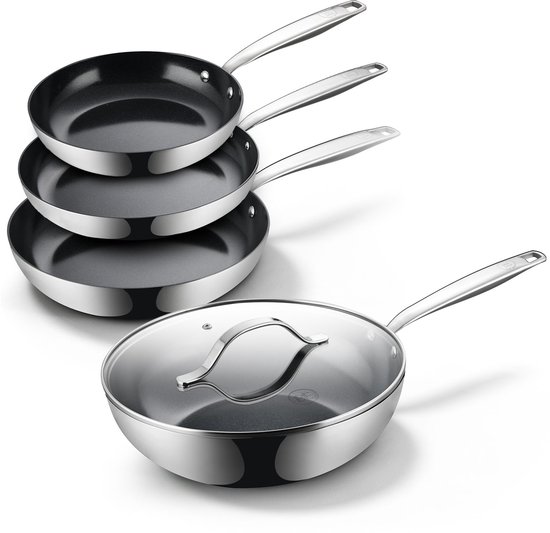 BE Living RVS Pannenset 4-delig - Ø 20, 24 & 28 cm Koekenpannenset + Ø 28 cm Wokpan met Deksel - Keramisch - Inductie Pannen - PFAS Vrij Anti Aanbak - Essential Series