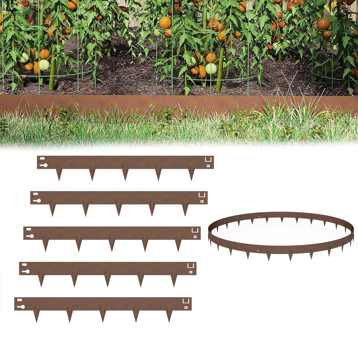 Aufun Gazonrandafwerking - 5 Delige Set - (Elk Stuk 100 cm × 20 cm) - Gegalvaniseerd Metaal - Totale Lengte 5,6 Meter - Roestkleurig - Flexibele Gazonrandafwerking - Voor Tuin, Park, Boerderij