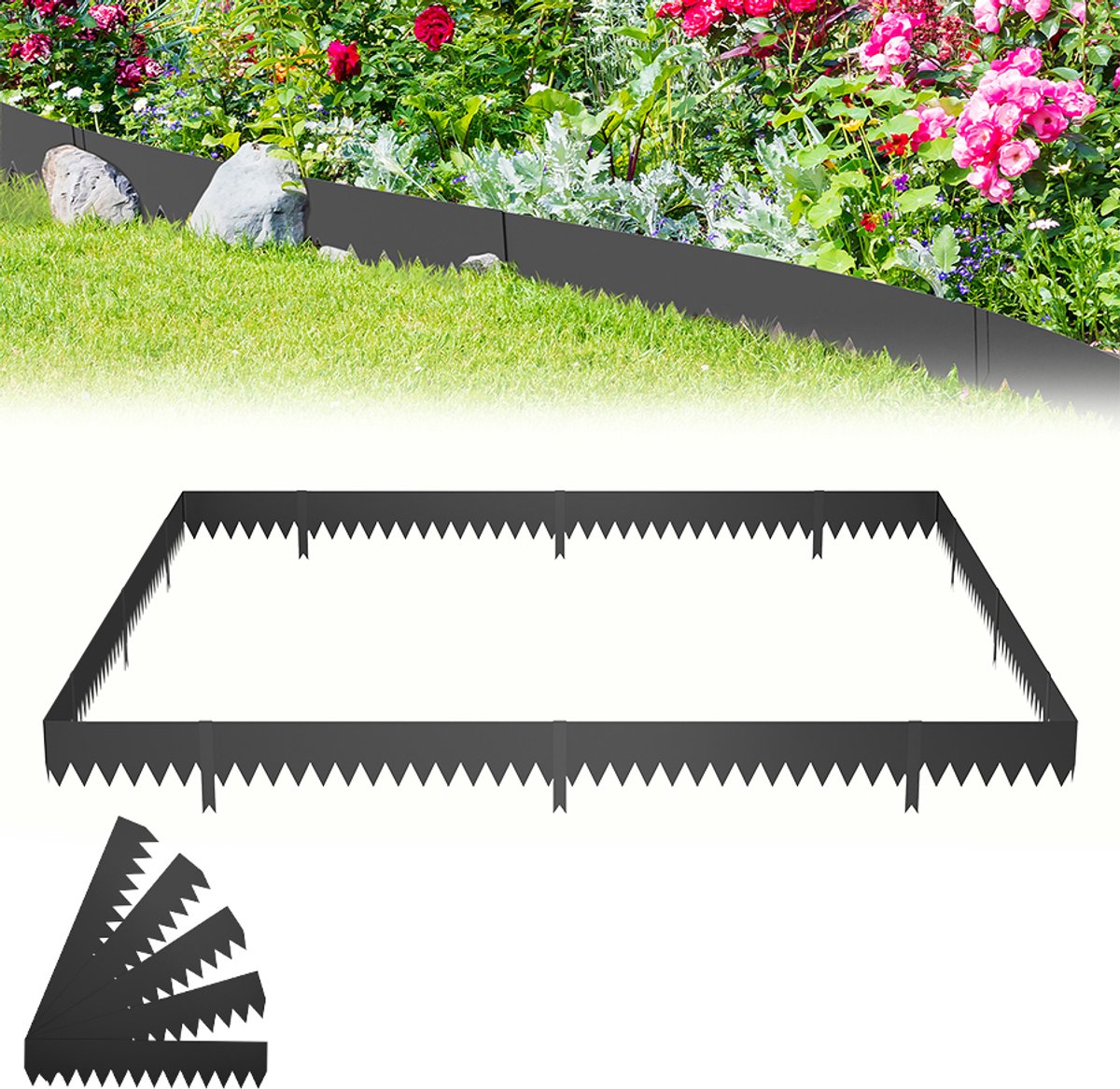 Aufun Gazonrandafwerking - 5 Delige Set - (Elk Stuk 100 cm × 20 cm) - Gegalvaniseerd Metaal - Totale Lengte 5,6 Meter - Zwart - Flexibele Gazonrandafwerking - Voor Tuin, Park, Boerderij