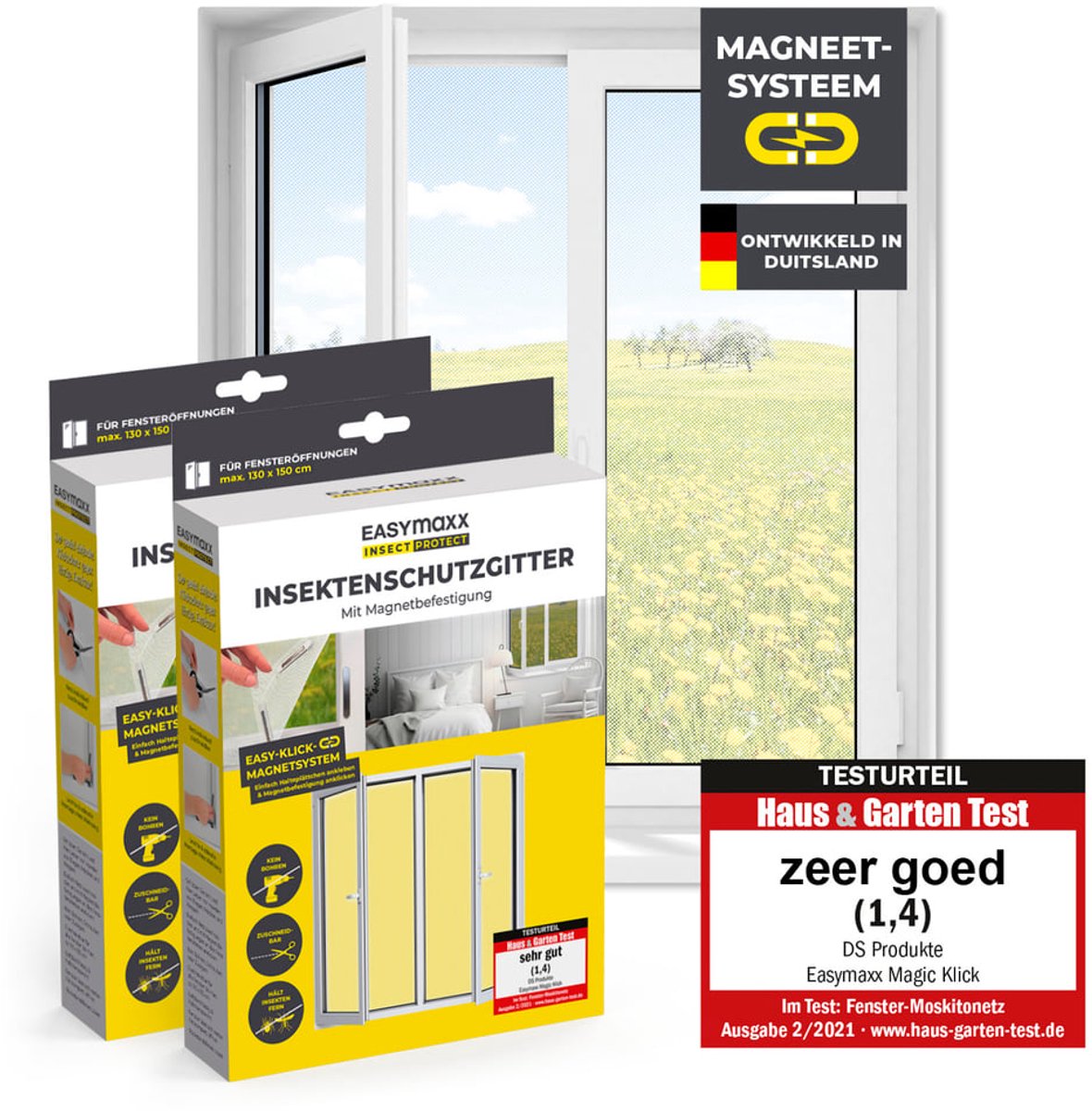 EASYmaxx Insect Protect Vliegengaas voor ramen met magnetische bevestiging, op maat te snijden muggennet, insectenbescherming voor ramen tot 130 x 150 cm, eenvoudige montage,wit, 2 stuks