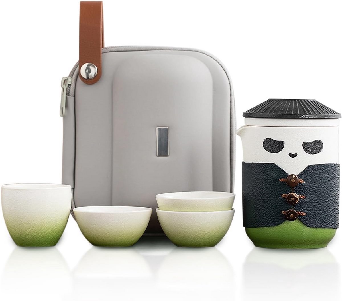 Draagbaar Chinees Theeservies met Panda Theepot en 4 Kopjes - Gongfu Keramiek