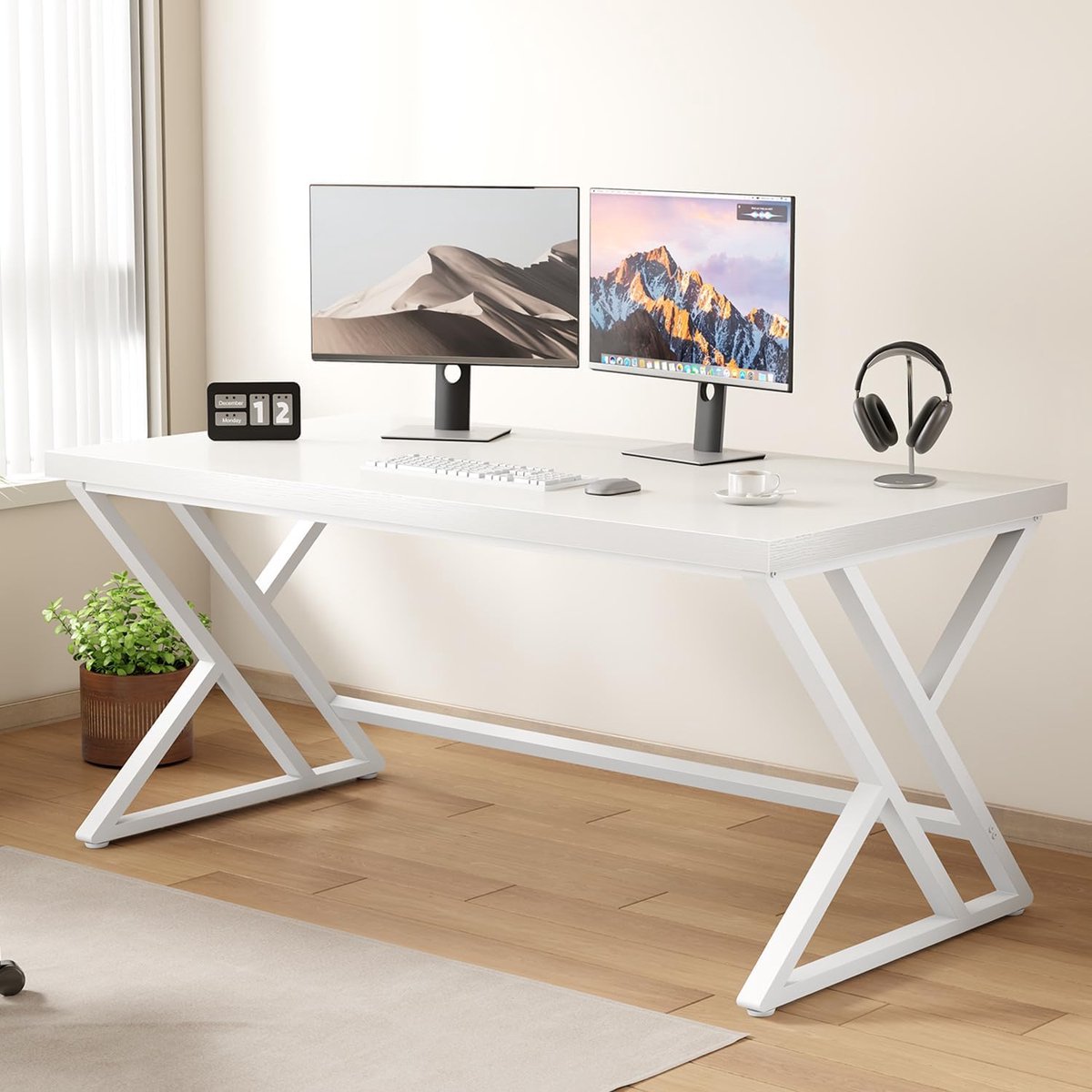Elektrisch Verstelbaar Bureau met Lades, Monitorstandaard en LED-Lichtstrip – In Hoogte Verstelbaar Bureau met Stopcontacten en USB-poorten, Ergonomisch en Modern Design – Wit – 120 x 54 cm Depauww...