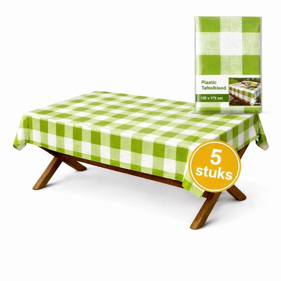 Een houten picnic tafel met groen-wit geblokt tafelkleed, met een verpakking van 5 stuks en productinformatie.