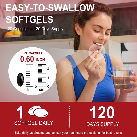 Vrouw neemt een capsule met een schaal van 0,60 inch. 1 softgel per dag, 120 dagen voorraad.