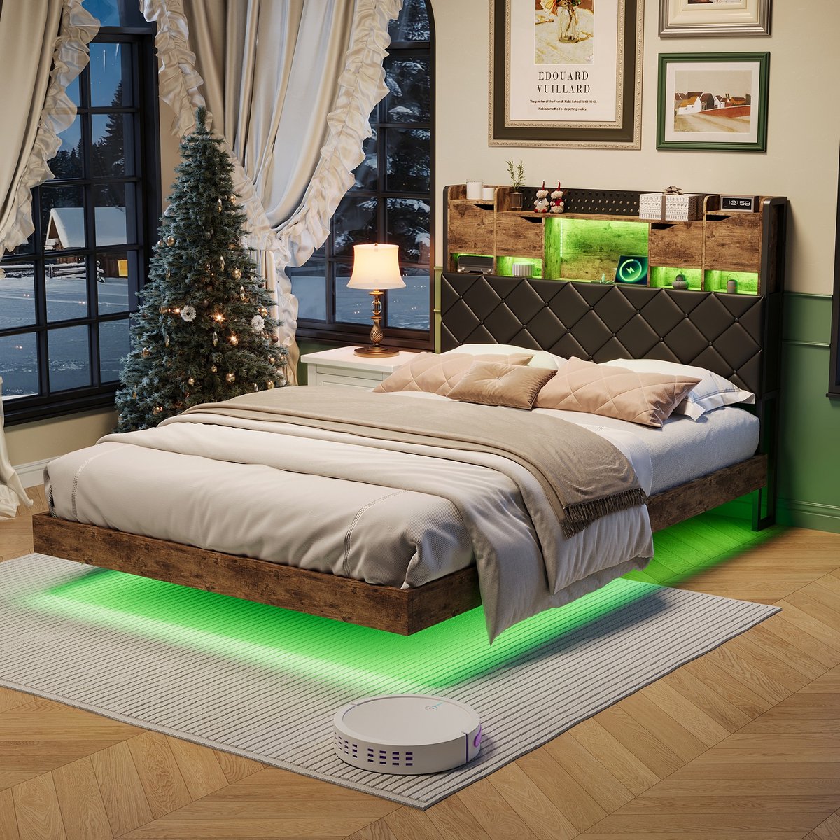 ROSAHQNDA Bed 140 x 200 cm met metalen lattenbodem, bedframe met stopcontacten, 2 USB-poorten en 1 Type-C-aansluiting, metalen bed 140 x 200 cm met gewatteerd hoofdbord en opbergruimte, kinderbed, tweepersoonsbed, zwart PU-leer, zonder matras