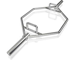 COSTWAY Trap Bar, 142 cm halterstang met 2 veersluitingen en inklapbare handgreep, zeskantige stang 25/50 mm opname, Olympische bar voor kniebuigingen, deadlifts