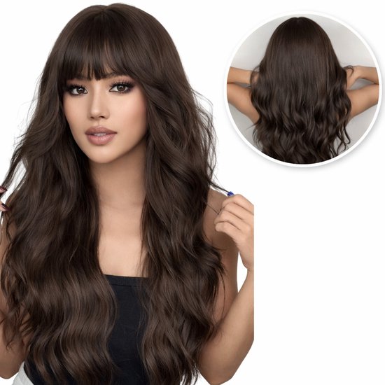 SassyGoods Bruine Pruik Kastanje - Pruiken Dames - Wig - Verstelbaar - Wasbaar - Lijkt Net Echt Haar - Lang Golvend Haar - Bruin - 70 cm