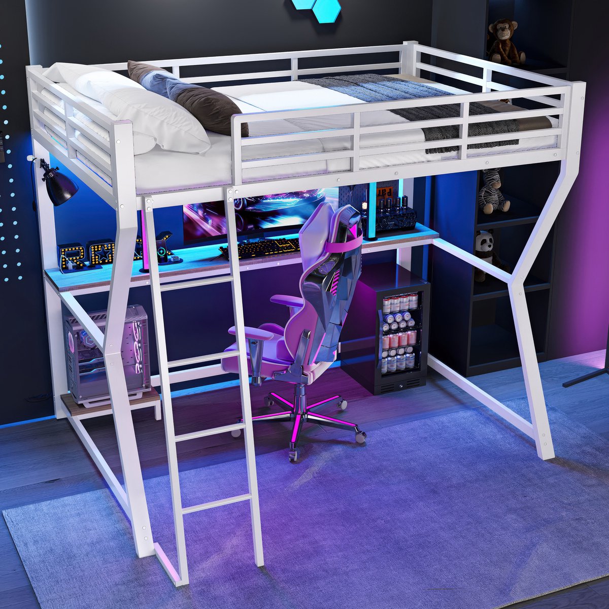 Zubaliya Hoogslaper 90*200cm, Metalen Tussenverdieping, Eenpersoonsbed met LED-verlichting, Computerconsoleplank, Bureau, Stopcontact+USB, Reling, Trap, Zonder matras, Wit