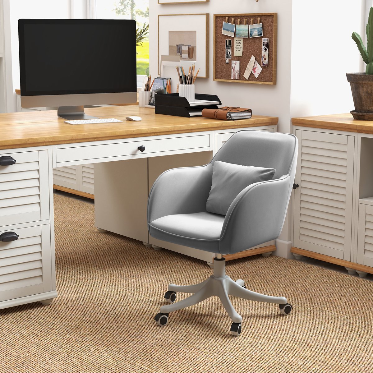 STILVORA Bureaustoel 57 X 70 X 78 86 Cm - Vibratiemassage Met Uitneembaar Lendenkussen - In Hoogte Verstelbaar - Voor Kantoor En Thuis - Fluweel Grijs