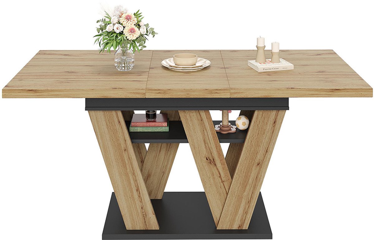 BLACKCOLORS Uitschuifbare tafel (119-158,5 × 80 cm), tafel, keukentafel, uitschuifbare tafel, voor de keuken en woonkamer, uitschuifbare tafel in houtkleur met W-vormige poten