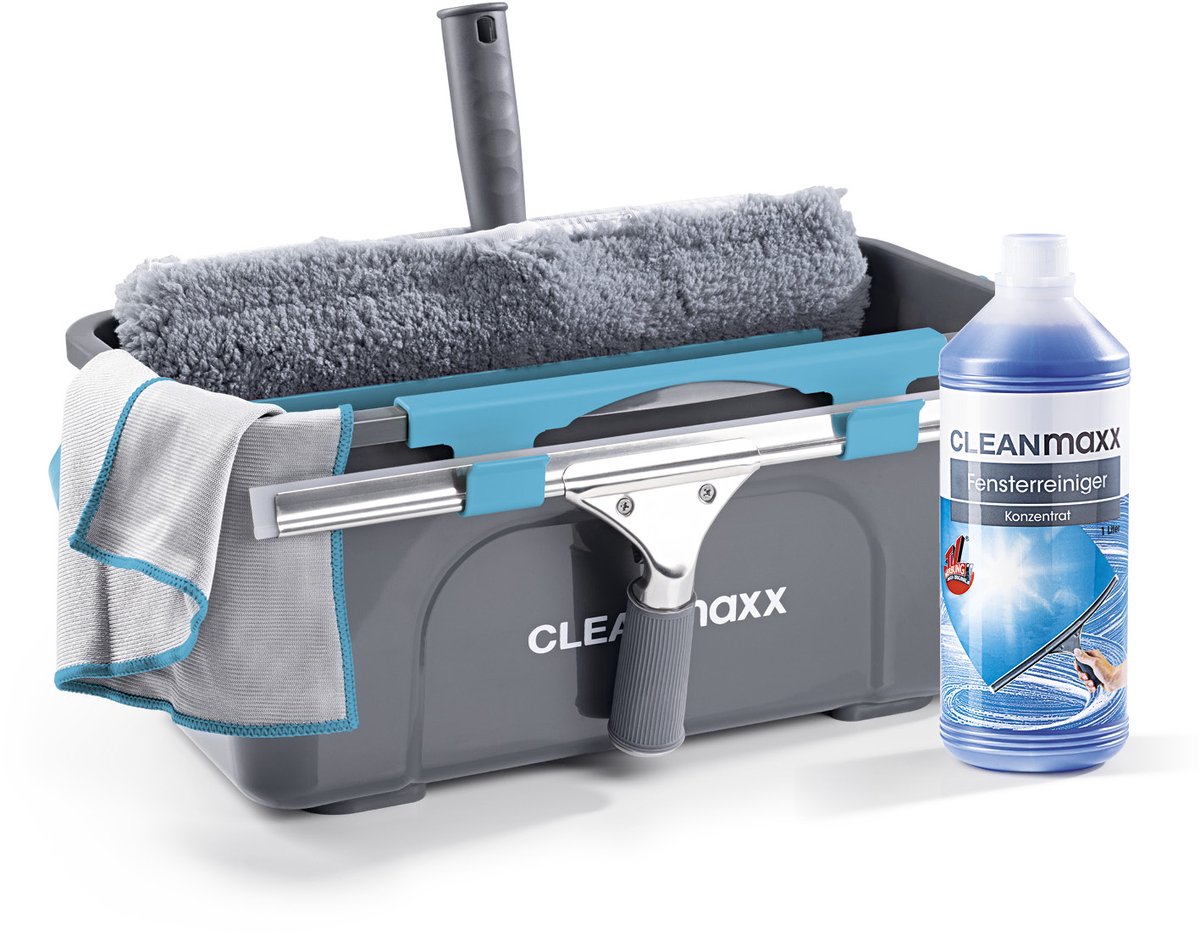 CLEANmaxx Ruitenreiniger Set van 7 - grijs/rood - Ruitenreiniger complete set met emmer, wisser, microvezeldoek & concentraat - Ideaal voor huis, auto & camper