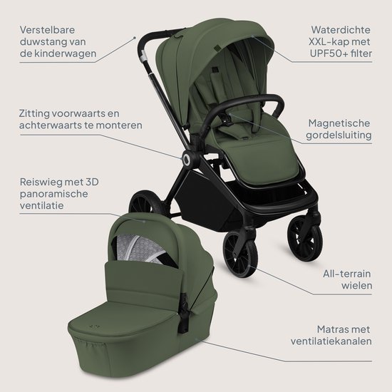 Lionelo Mika Plus - Kinderwagen 3in1 - XXL SET - incl. i-Size autostoel - Veelzijdig en jaarrond - Grote wielen - tot 22kg - Bediening met een hand - Voor alle soorten terrein - Accessoireset