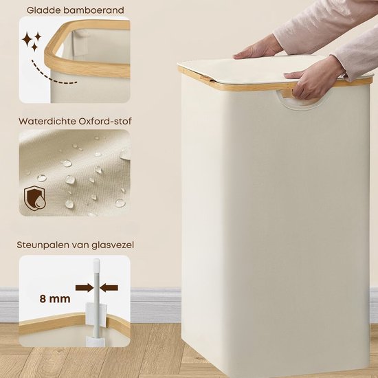 ACAZA Panier à Linge - Trieur de Linge - Panier à Linge avec Couvercle - Panier à Linge 3 Compartiments - Bamboe - 150L - Wit