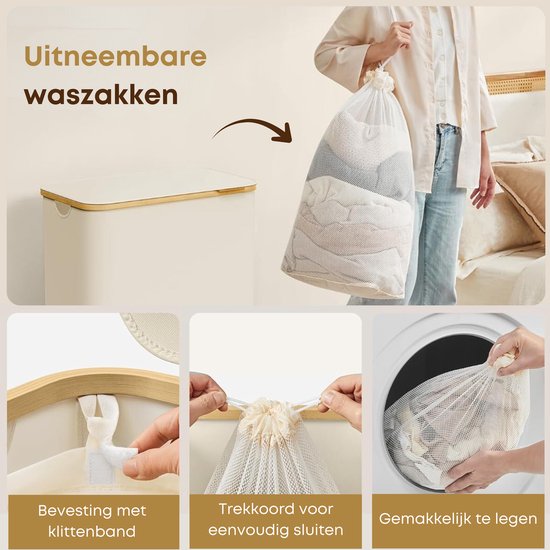 ACAZA Panier à Linge - Trieur de Linge - Panier à Linge avec Couvercle - Panier à Linge 3 Compartiments - Bamboe - 150L - Wit