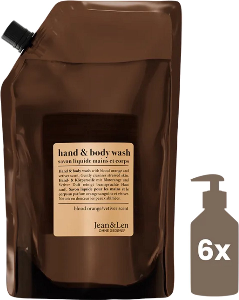 Jean & Len Hand & Body Wash Bloedsinaasappel & Vetiver – 1500 ml: vegan navulzeep met frisse citrus & warme vetiver. Natuurlijke reiniging. groot formaat.