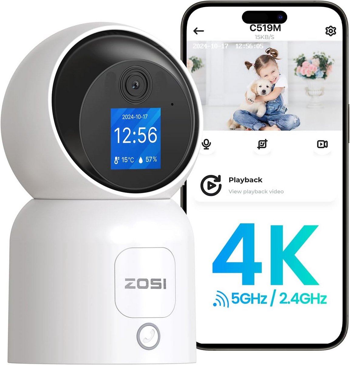4K WiFi Beveiligingscamera met 1.44" Monitor en 360° Pan/Tilt, AI Persoonsdetectie