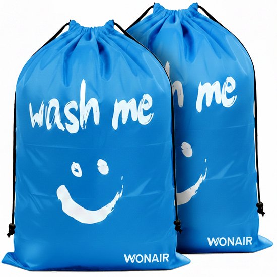 Wonair - Grand sac à linge - 60x90cm - Bleu ciel - Avec cordon de serrage et sangle de transport