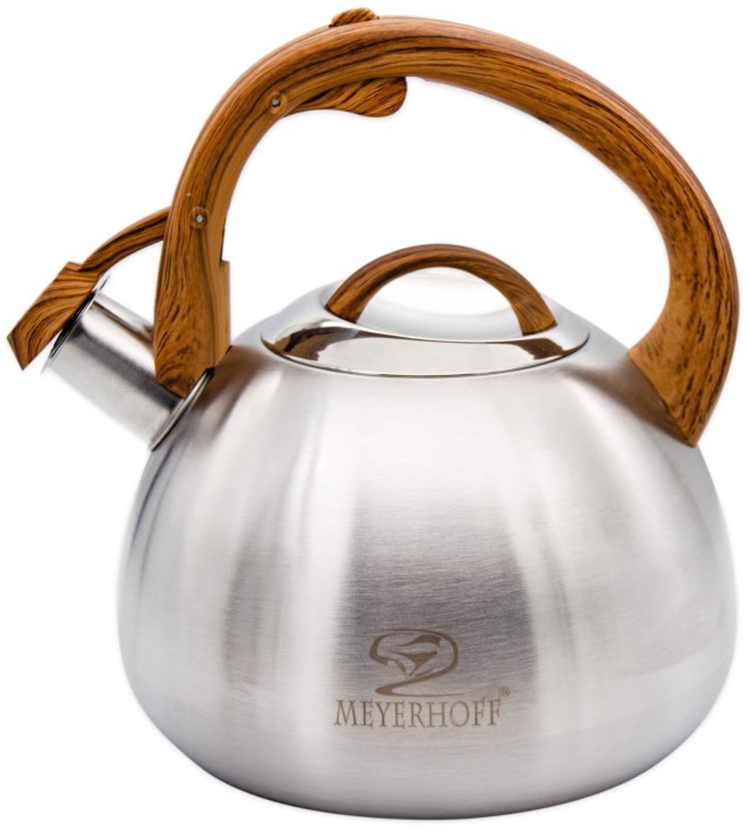 Meyerhoff RVS fluitketel 3 liter MH-4149J – Inductie fluitketel – Metallic bruintinten – Moderne handgreep met houtnerfdesign