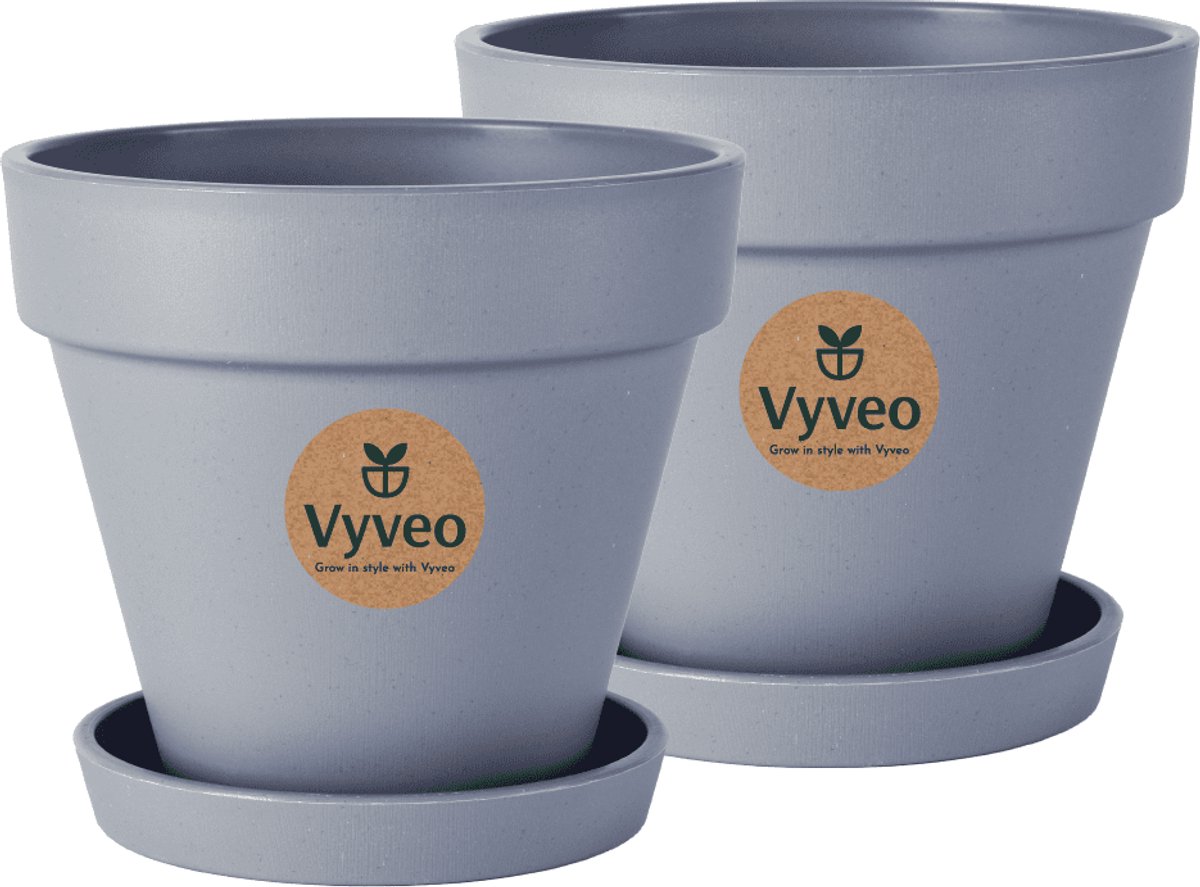 Vyveo - Bloempot Oslo met onderzetter - Set van 2 - 16x14 - Donkergrijs - Bloempot voor binnen en buiten - Lichtgewicht - Breukbestendig - Vorstbestendig - UV-bestendig