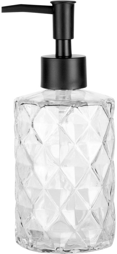 Lege glazen zeepdispenser met zwarte pomp en diamantpatroon.