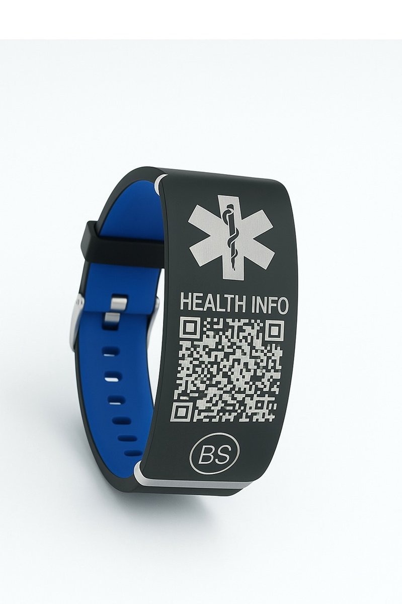 Medische QR Armband - Blauw - Zwart - Voor Gezondheidsinformatie - BeSafeCharm 1 jaar.