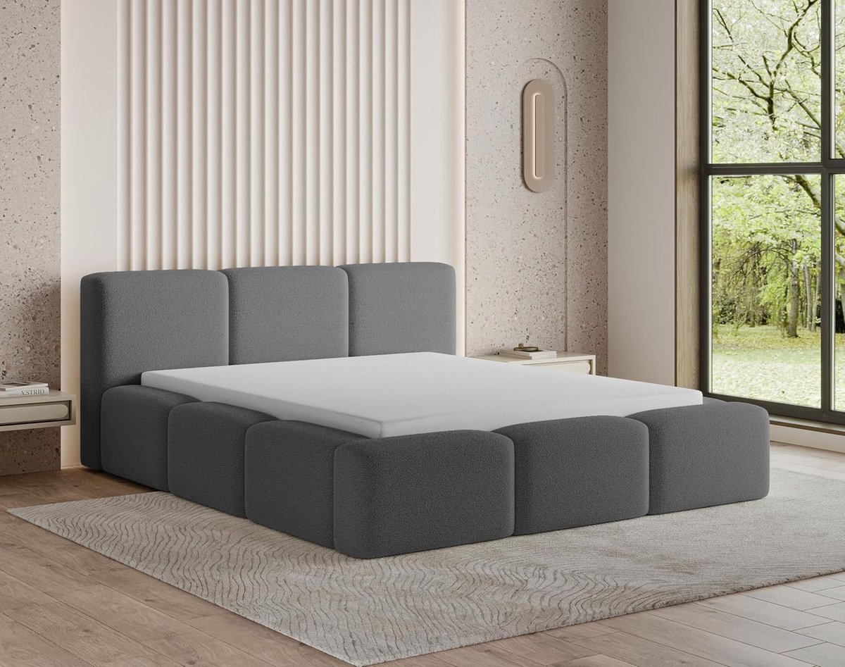 Gestoffeerd Opbergbed 140x200 cm met Bedlade & Hoofdbord – Bouclé Donkergrijs – Como Luxe – Pauwhome