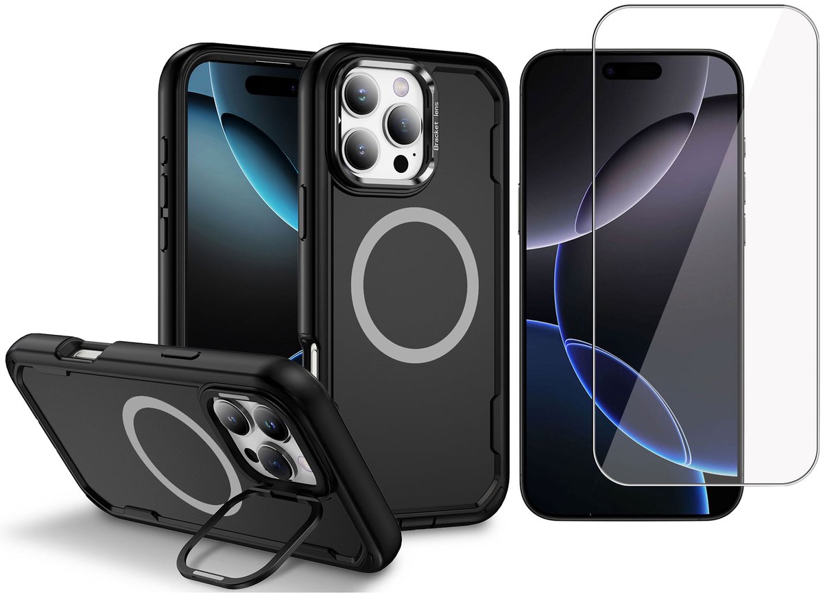 Hoesje met Kickstand + Screenprotector geschikt voor iPhone 16 Pro Max – Geschikt voor MagSafe - Extra Sterk - Military Grade – Draadloos Opladen – Zwart