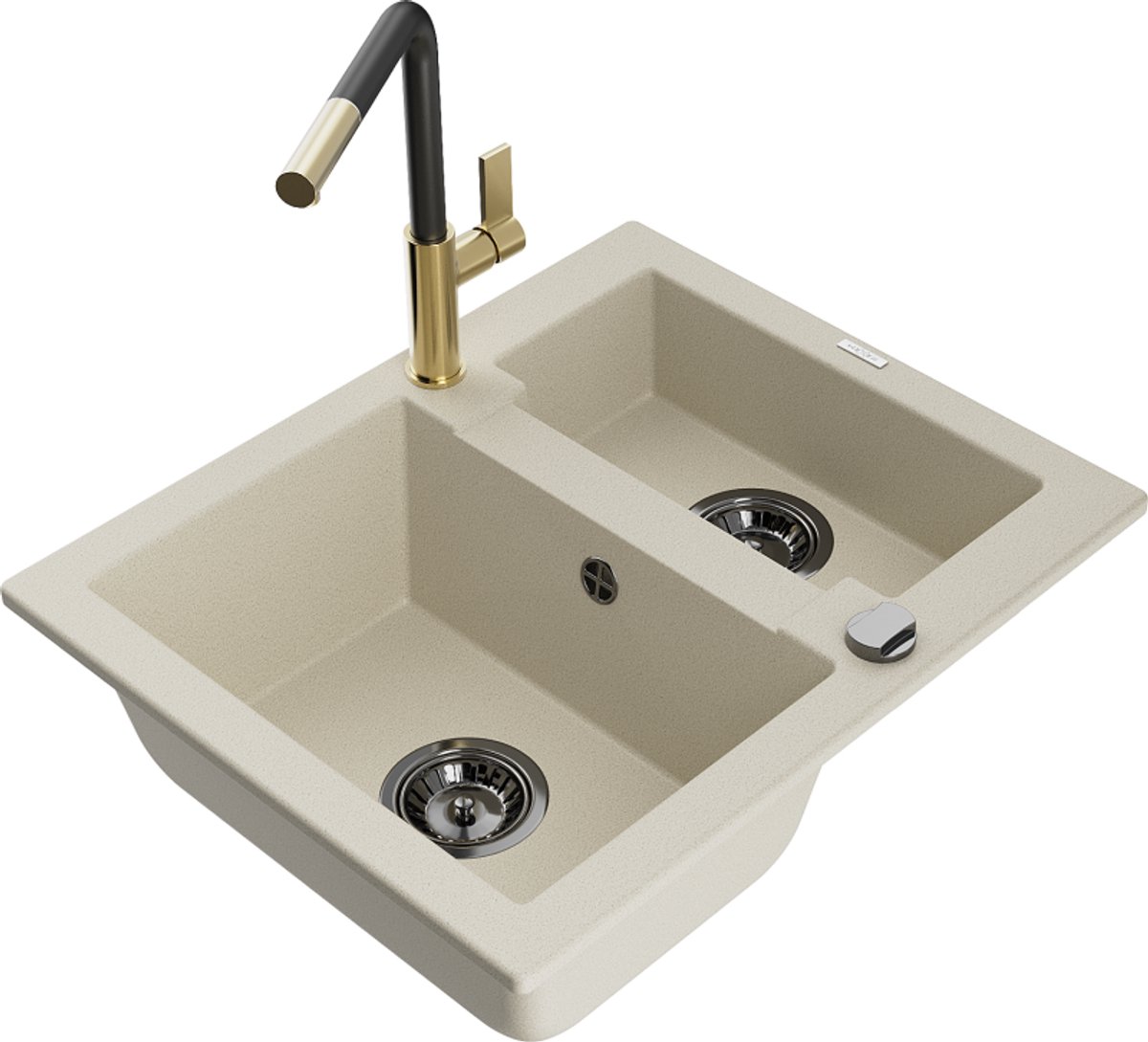 Mexen Carlos granieten gootsteen 1,5-komers met keukenmengkraan Flora, beige - 6518-69-670