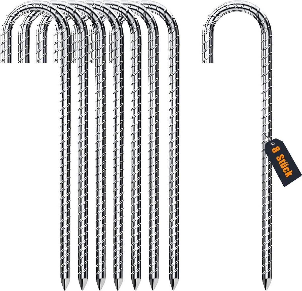 Set van 8 Extra Sterke Metalen Grondharingen (30 cm) - Gegalvaniseerd Staal - J-Haringen voor Trampoline, Camping en Voetbalnet