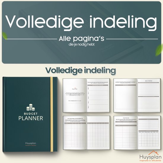 Budgetplanner met volledige indeling, toont de binnenkant met verschillende overzichten zoals een spaartracker en wekelijkse planning.