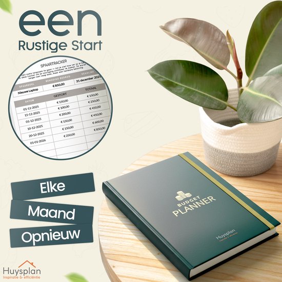 Donkergroene budgetplanner met gouden opdruk 'Budget Planner' en elastische sluiting, naast een kamerplant.